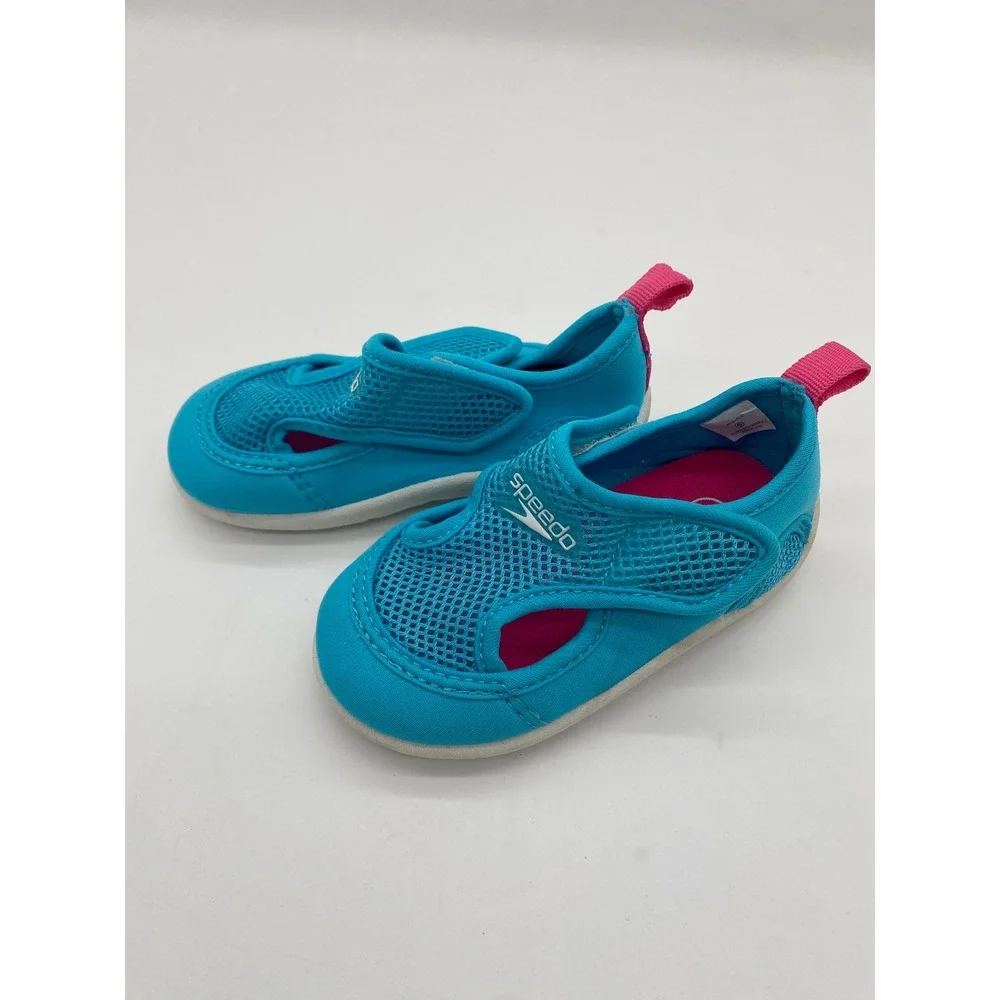 Speedo Kids Water Shoes Turquoise Blue Pink Mesh Hook Loop Size S 5/6